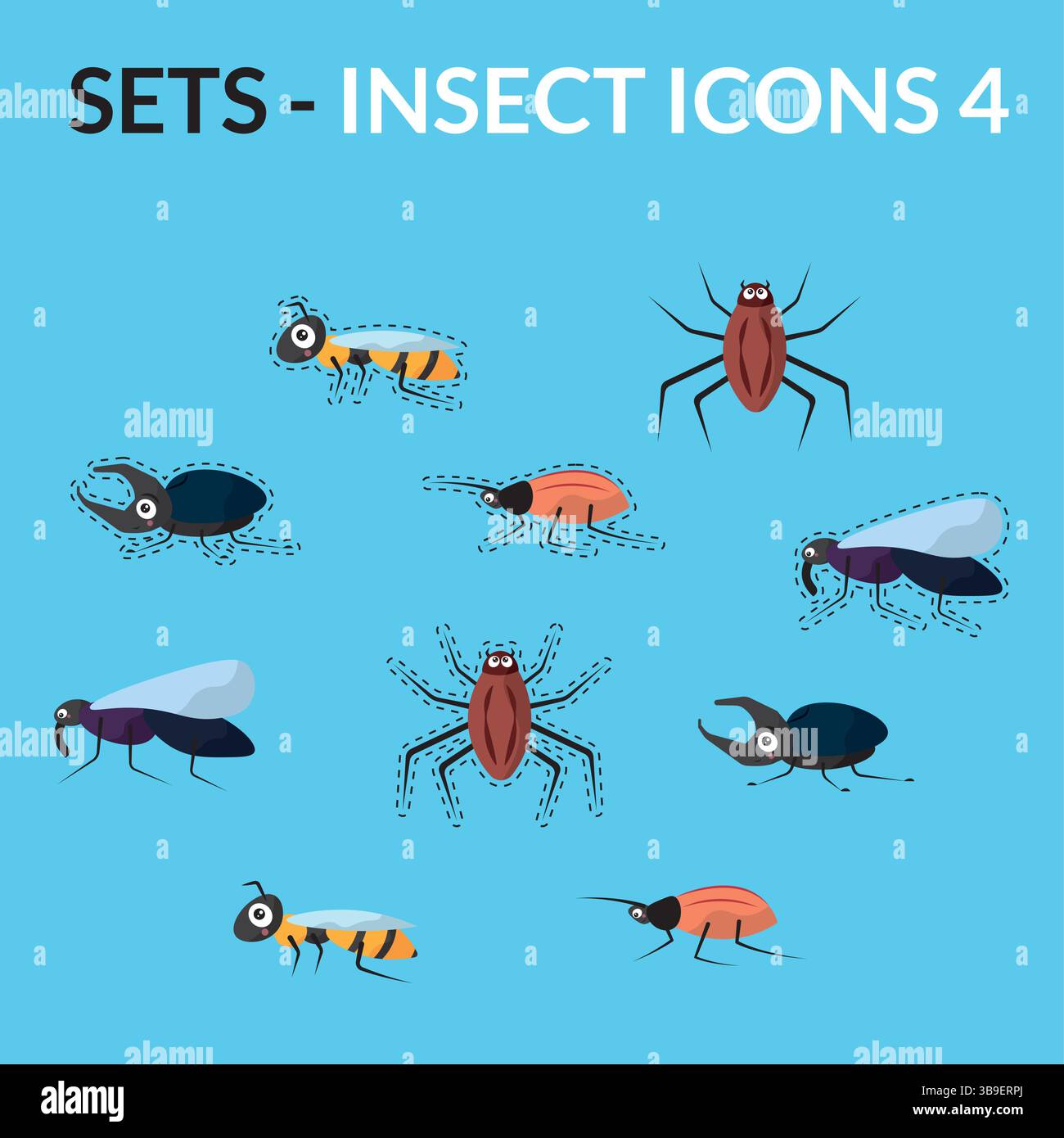 Insekten-Zeichentrickfilm-Icon-Paket. Vektorabbildung Stock Vektor