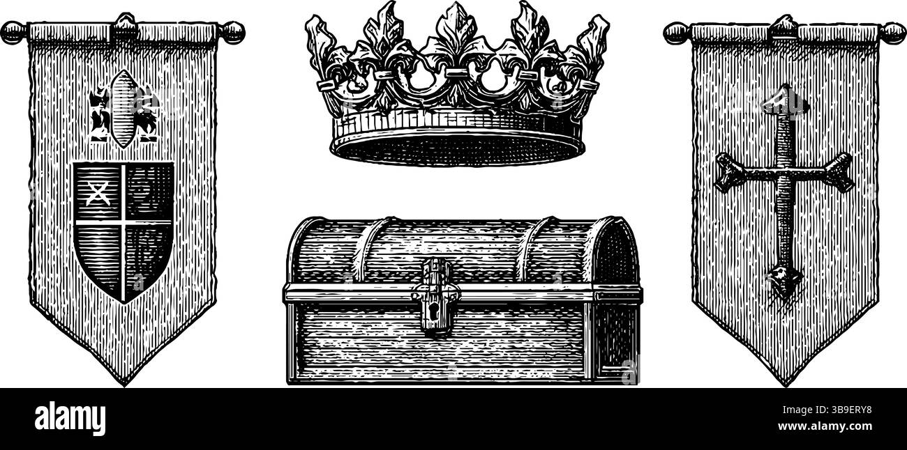 Gravierte Illustrationen aus Clanbannern, Krone und Schatzkiste für mittelalterliches Design. Stock Vektor