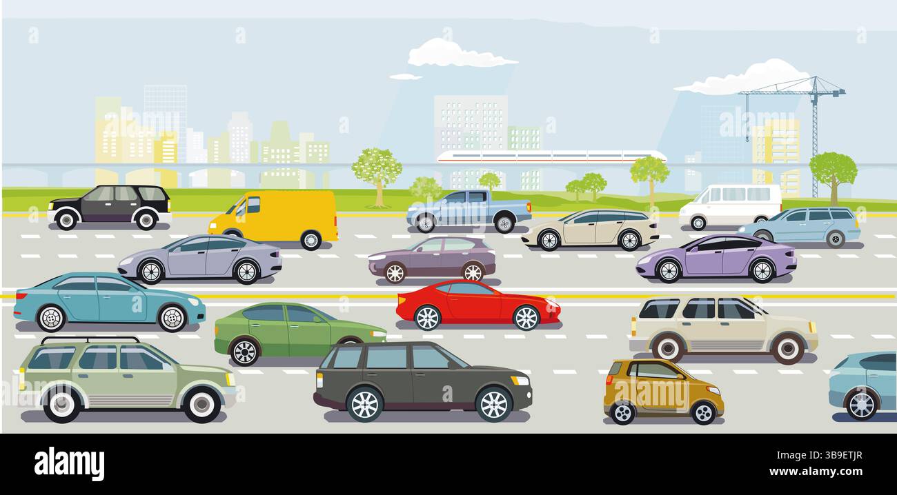 Autobahn vor einer großen Stadt Illustration Stockfoto