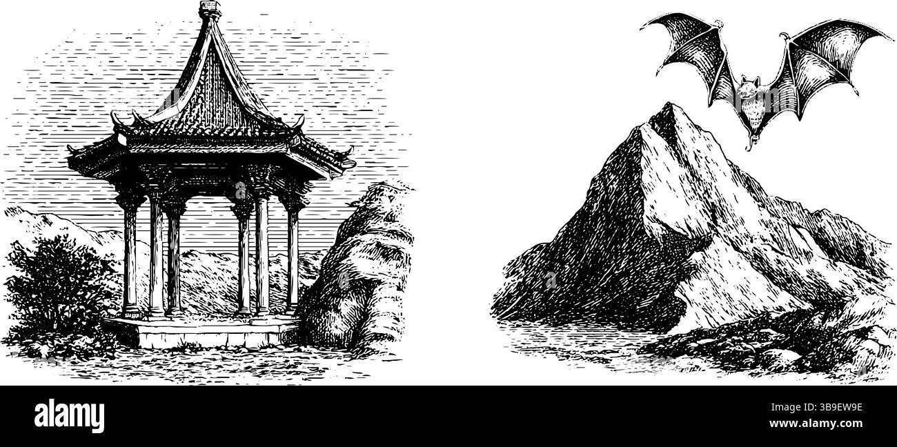 Gravierte Abbildungen von Bergpavillon und Fledermaus, die über Gipfel fliegen. Stock Vektor