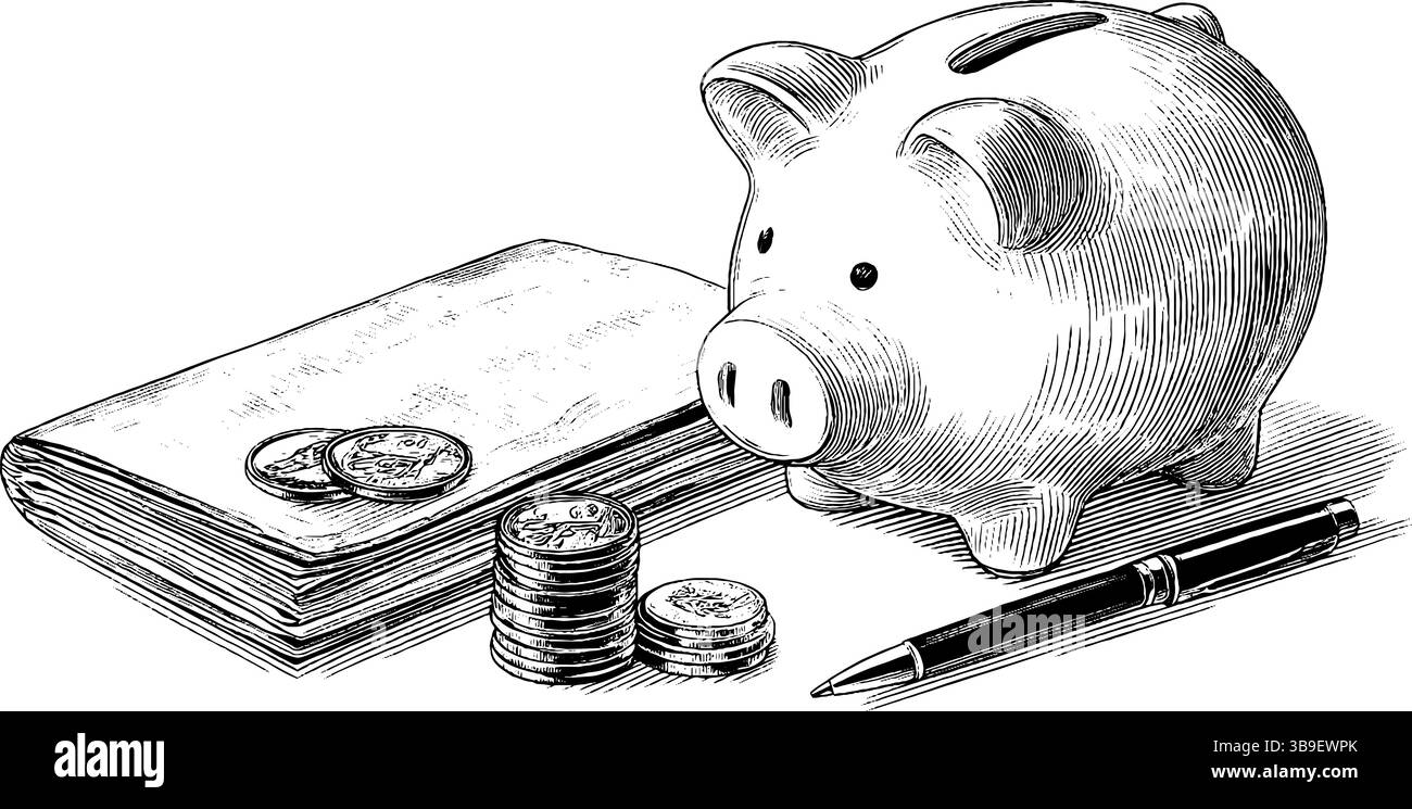 Vintage-Finanzillustration mit Sparkasse und Münzen für das Konzept des Sparkonzepts. Stock Vektor