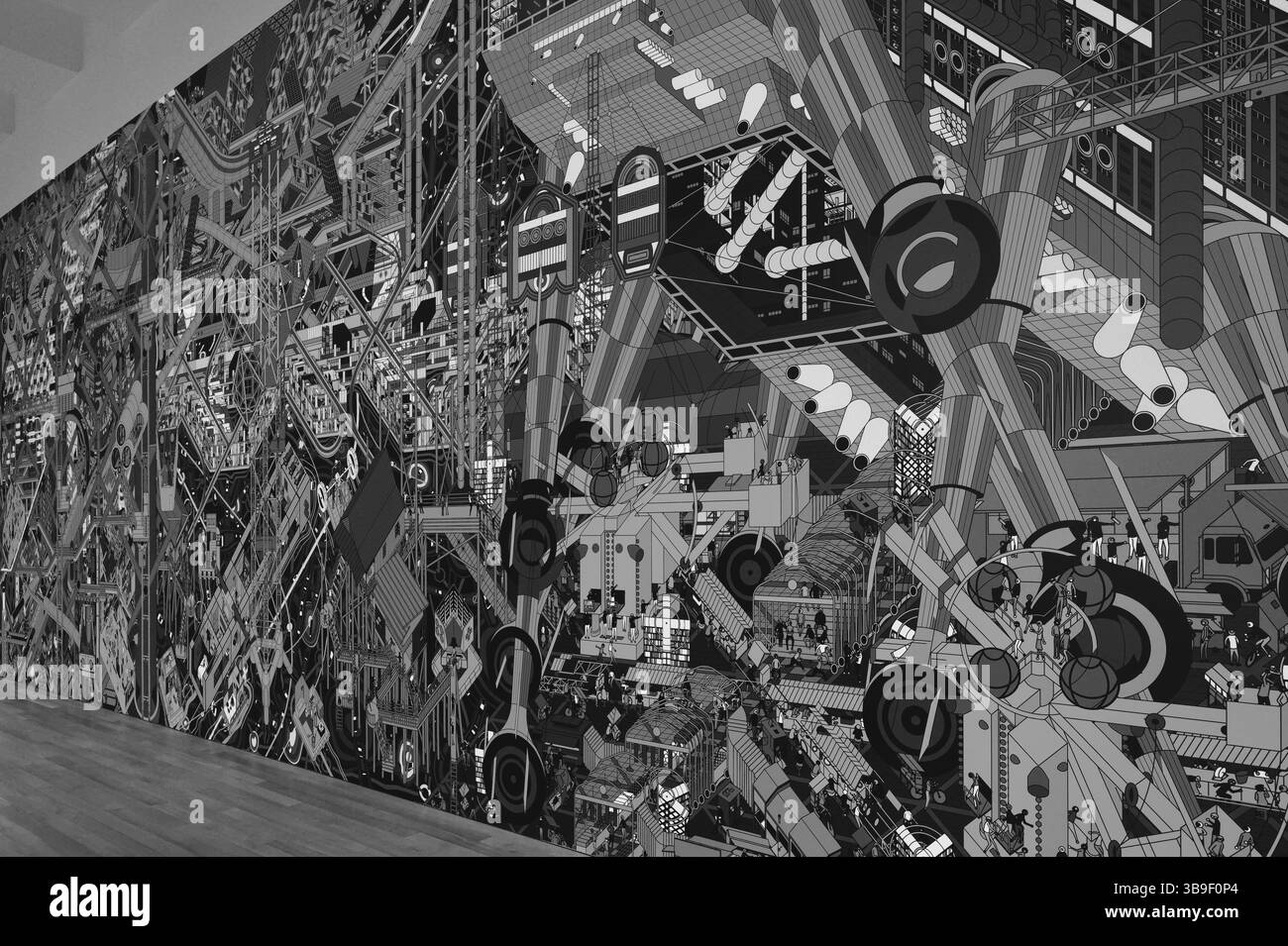 Wandern, Schwimmen und Einstecken im Zeichenarchitekturstudio im M+ Museum in Schwarzweiß Stockfoto