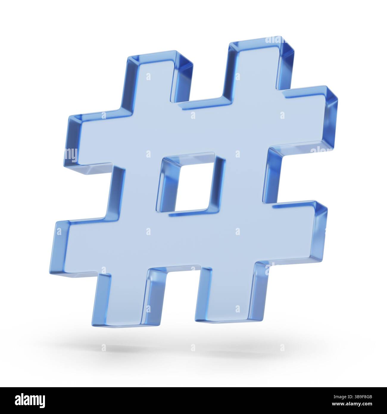 Hash-Symbol in Glas isoliert auf weißem Hintergrund. 3D-Abbildung. Stockfoto