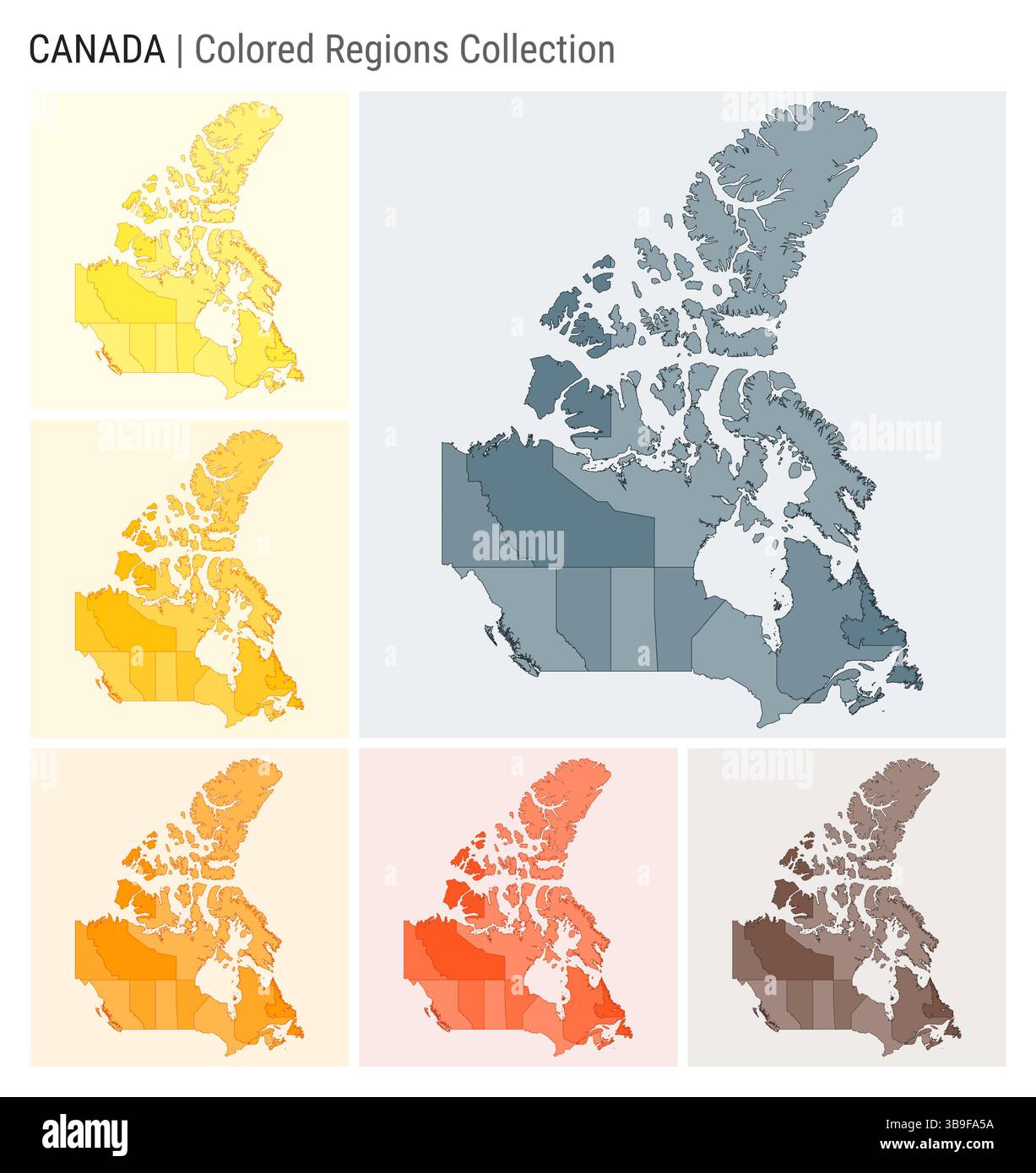 Kartensammlung Kanada. Länderform mit farbigen Regionen. Blau, Grau, Gelb, Bernstein, Orange, Farbpaletten in tiefem Orange und Braun. Stock Vektor