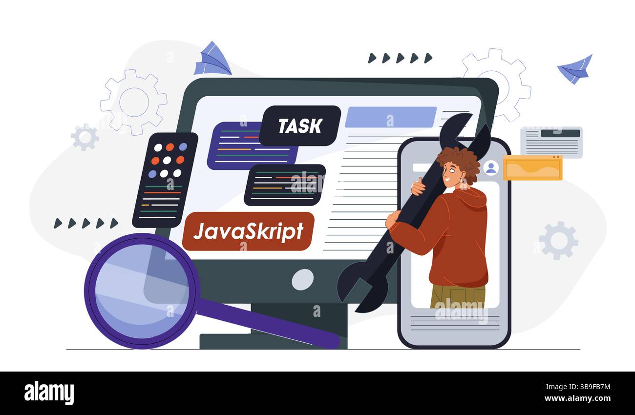 JavaScript-Aufgabenmanagement-Konzept. Vektorabbildung Stock Vektor