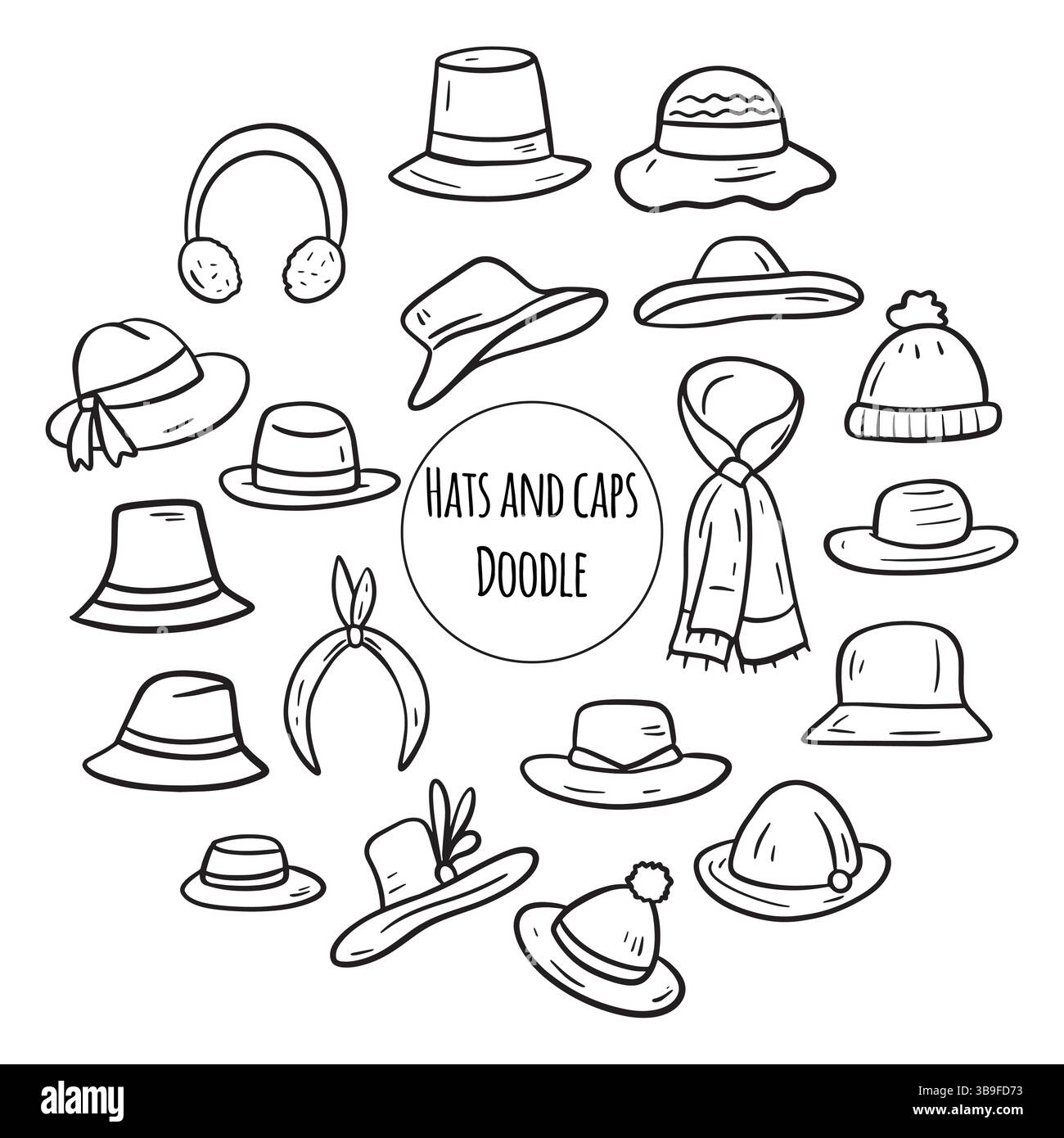 Hüte und Mützen kritzelten Illustration. Dünne Kunst über Kleidung. Handgezeichnet isoliert auf weißem Hintergrund Stock Vektor