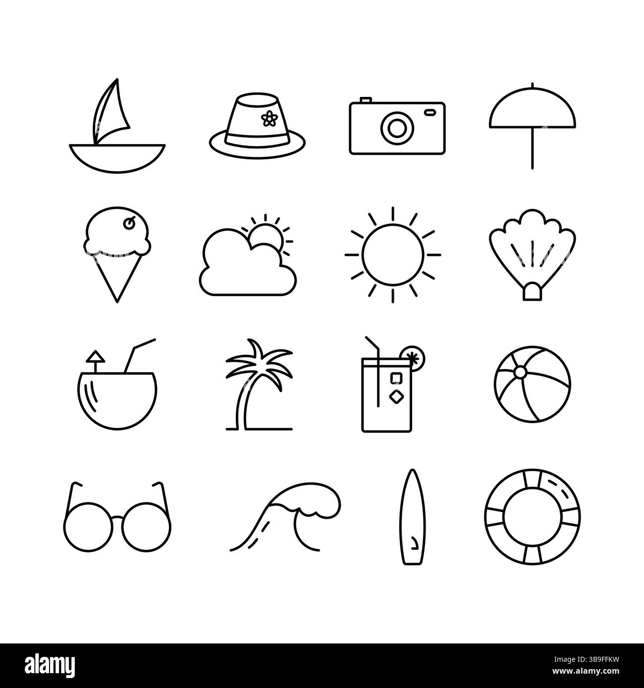 Satz von Sommer-Symbolen mit bearbeitbarem Hub, Boot, Hut, Kamera, Palme, Limonade, Surfbrett, Ocean Wave, Sonne, Sonnenbrille, und mehr im Line Art Style Stock Vektor