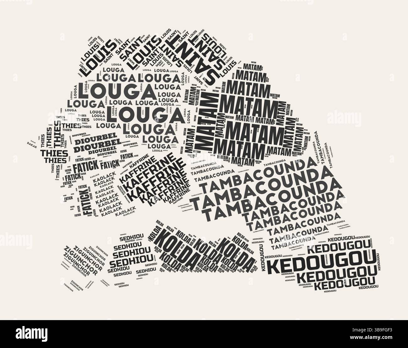 Senegal Word Cloud. Land mit regionalen Geschäftsbereichen. Senegal typographischer Text Wolken Vektor-Bilddesign. Landschaftbild im Vintage gazette-Stil. Stock Vektor