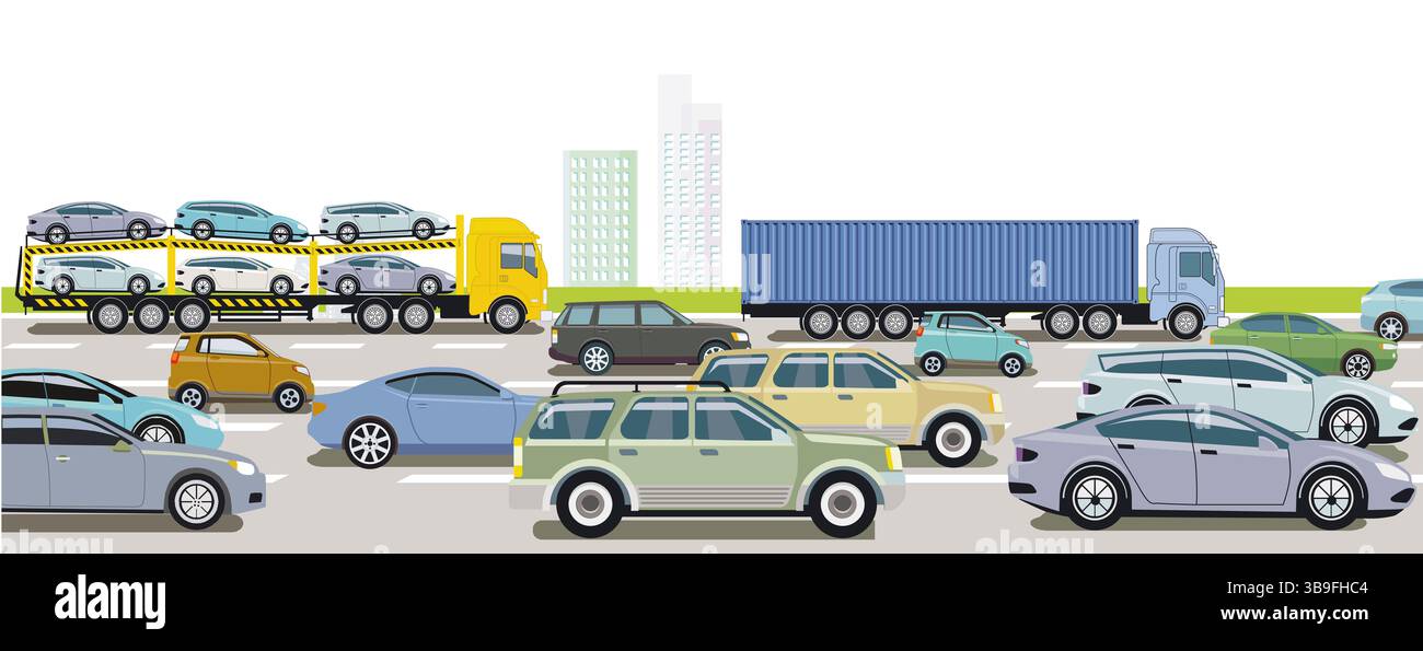 Autobahn mit Lkw und Pkw, Abbildung Stockfoto