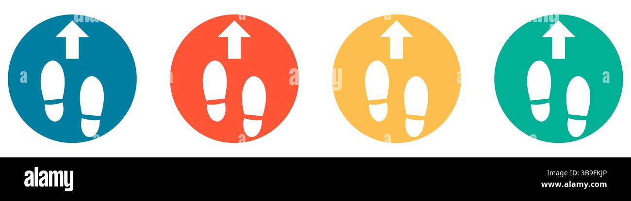 Symbole in blau rot orange und grün zeigen Fußabdrücke mit einem Pfeil zur Ausrichtung in die richtige Richtung Stockfoto