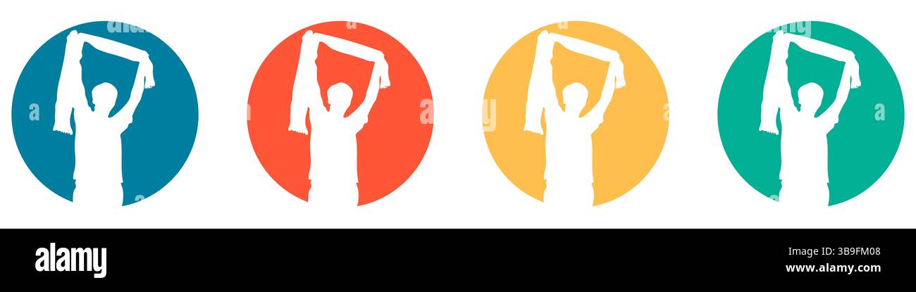 Symbole in Blau Rot Orange und Grün zeigen einen fröhlichen Fan mit Schal Stockfoto