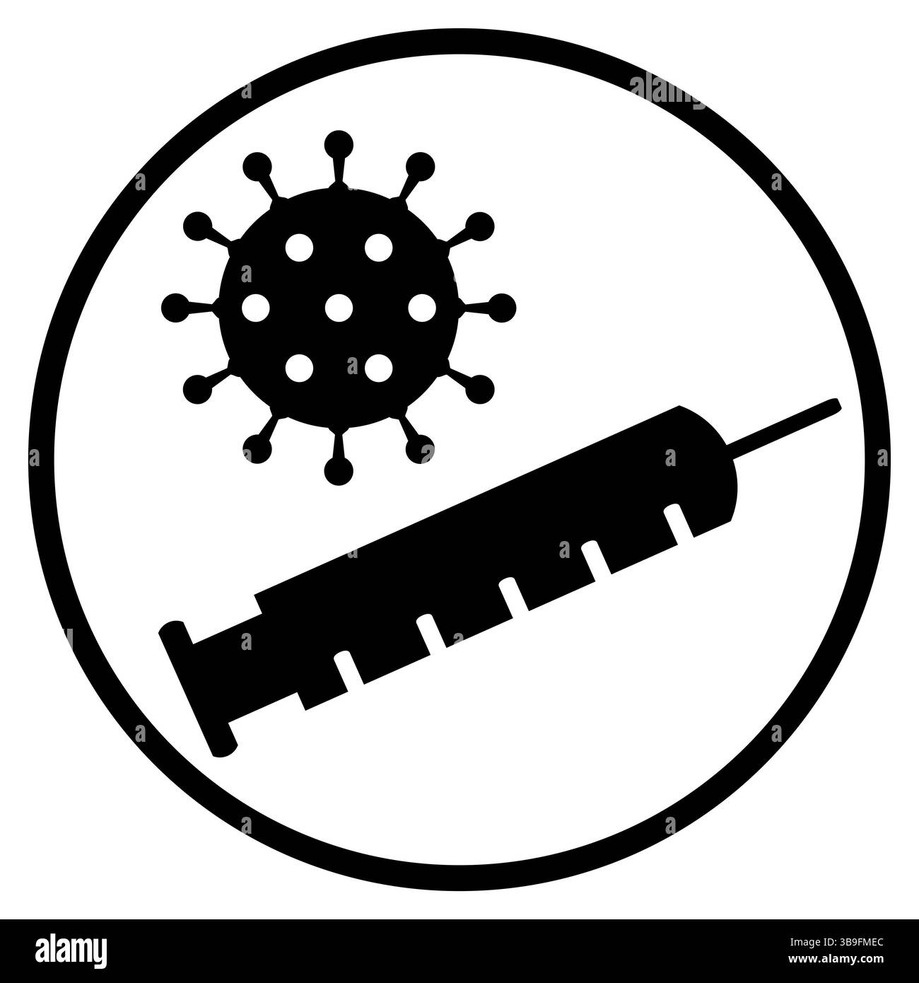 Coronavirus-Symbol und -Spritze – flaches Symbol im Kreis zur Impfung gegen COVID-19 Stockfoto