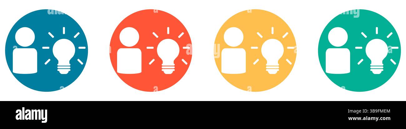 Symbole in blau rot orange und grün zeigen Person mit Glühbirne - Idee und Onnovation Stockfoto