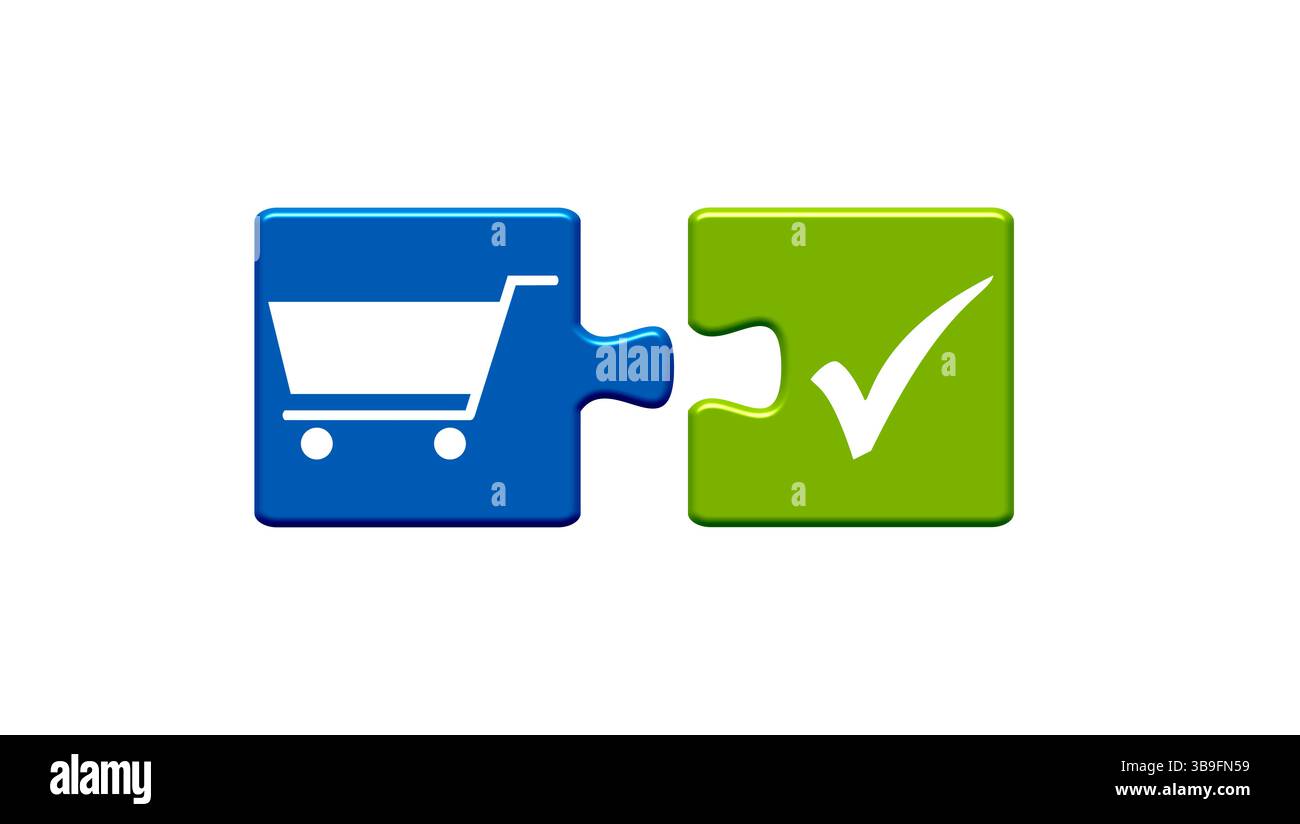 Puzzletaste aus zwei Teilen mit Häkchen zeigt Shop und Einkaufswagen Stockfoto