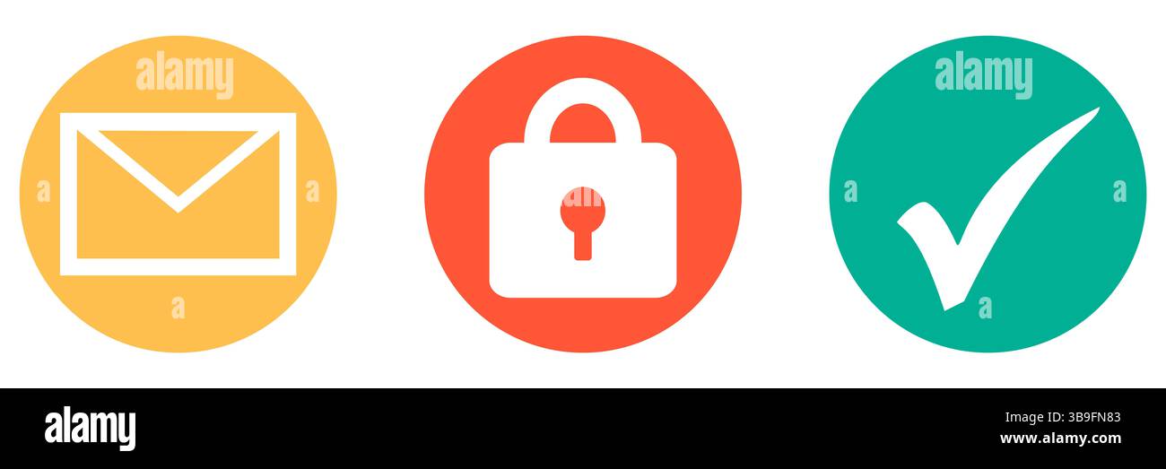 Symbole in Orange, Rot und Grün zeigen eine sichere E-Mail-Verschlüsselung an Stockfoto
