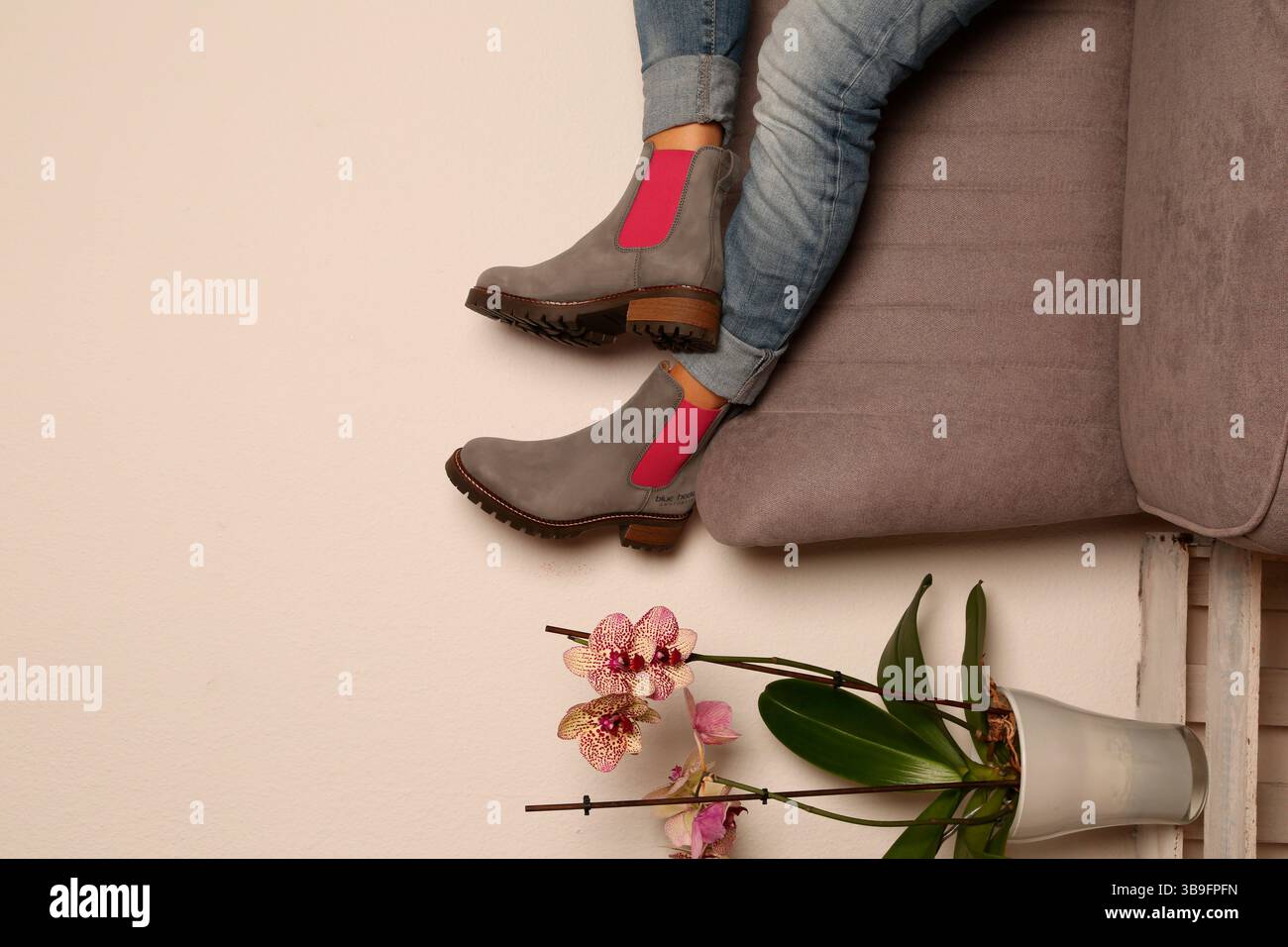 Beine einer Frau in Jeans mit grau-rosa Stiefeln, die auf einem grauen Sofa liegt. Ihre Füße liegen auf der Rückenlehne, neben dem Sofa ist eine rosa Orchidee auf einer weißen Box. Stockfoto