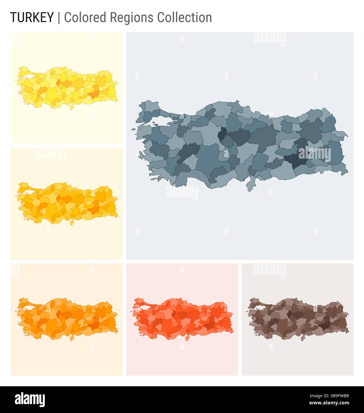 Türkei Kartensammlung. Länderform mit farbigen Regionen. Blau, Grau, Gelb, Bernstein, Orange, Farbpaletten in tiefem Orange und Braun. Stock Vektor