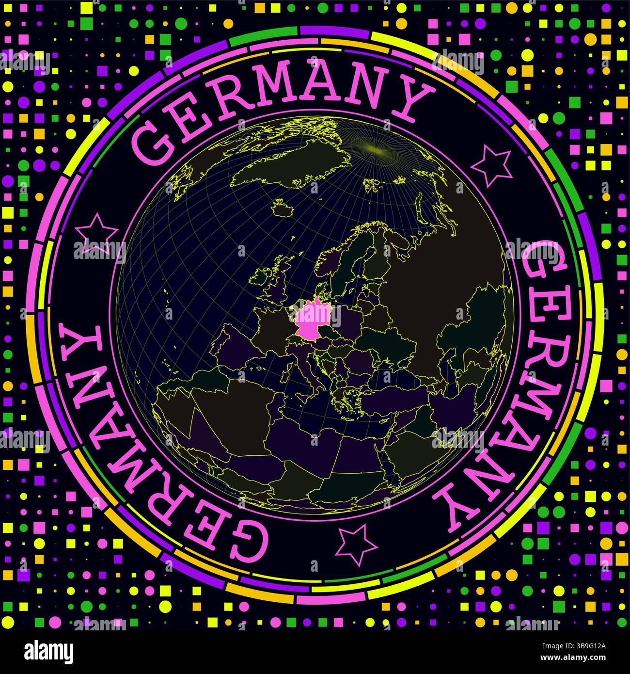 Futuristisches Deutschland auf der Welt. Helles Neon-Satellitenbild der Welt mit Schwerpunkt auf Deutschland. Stock Vektor