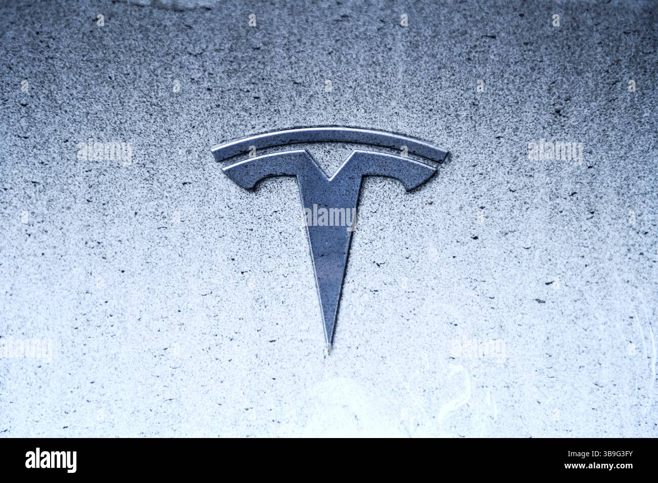 Tesla-Logo auf einem Elektroauto Stockfoto