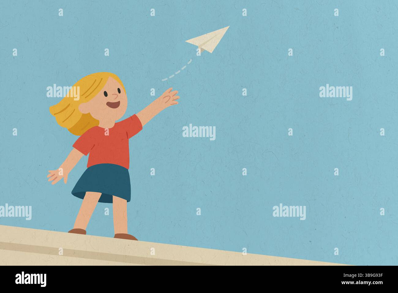Eine fröhliche Illustration eines Kindes in rotem Hemd und blauem Rock, das freudig ein Papierflugzeug gegen einen klaren blauen Himmel wirft und den Geist von einfängt Stockfoto