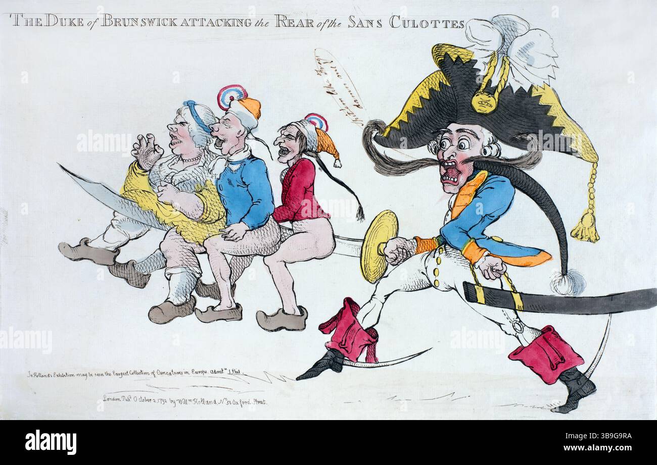 Ein farbiger Druckstich des Herzogs von Braunschweig, der die Rückseite der Sans Culottes 1792 angreift, Aquarellätzung auf Papier Vintage 18. Jahrhundert von Richard Newton erstellt antikes Druckkunstwerk menschliche Karikaturen, satirische Druck politische Zeichentrickgrafik Antikdruck Stockfoto