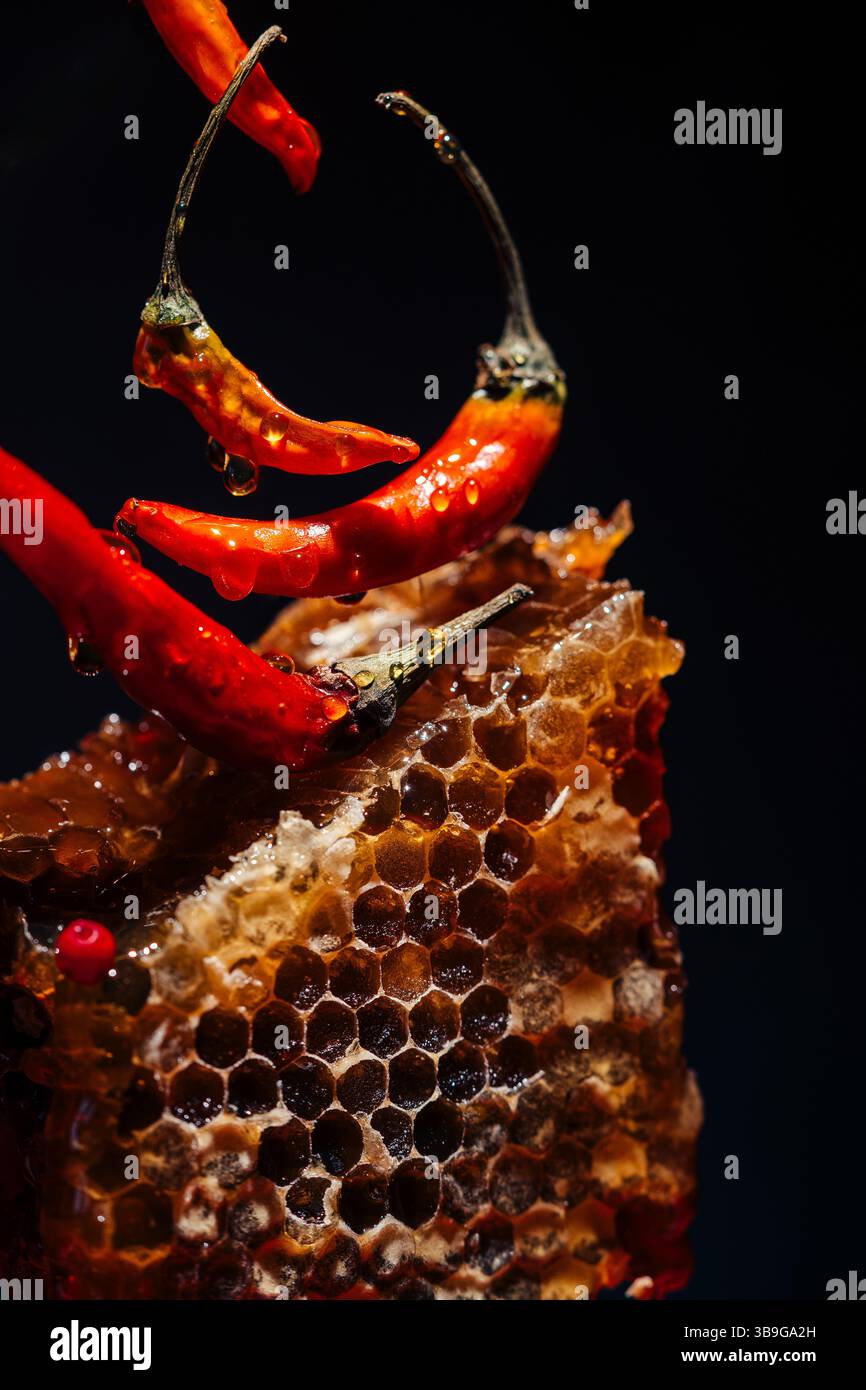 Nahaufnahme von leuchtenden roten Chilis und einer Wabe vor dunklem Hintergrund. Tropfen verleihen Textur und Anmut und heben den Kontrast zwischen Gewürz und hervor Stockfoto