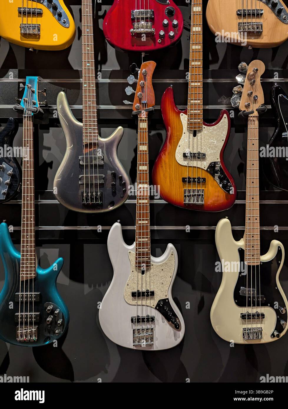 Eine Sammlung von E-Bass-Gitarren in verschiedenen Farben, die auf einem Wanddisplay angeordnet sind. Die schlanken, polierten Oberflächen in Rot, Blau, Schwarz und weiteren Showcas Stockfoto