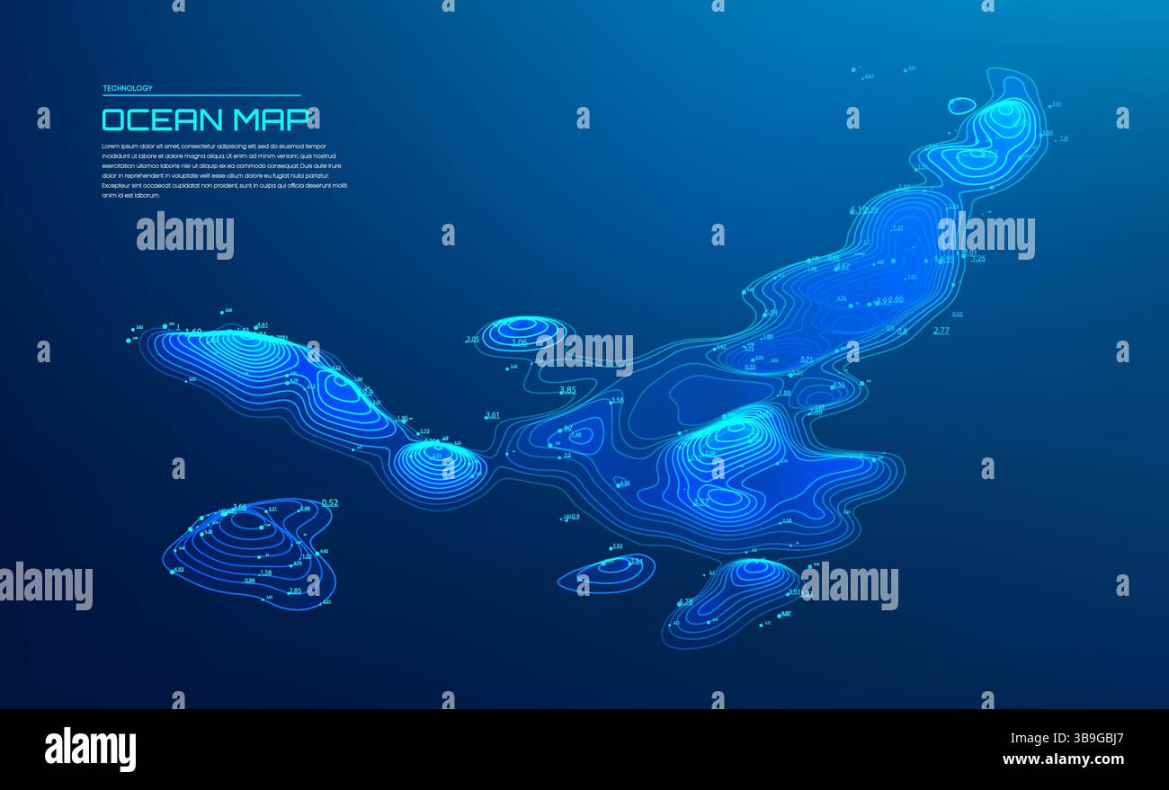 Meereskarte mit leuchtenden digitalen Konturlinien und Tiefenmessungen auf dunkelblauem Hintergrund für die Visualisierung von Meeresdaten Stock Vektor