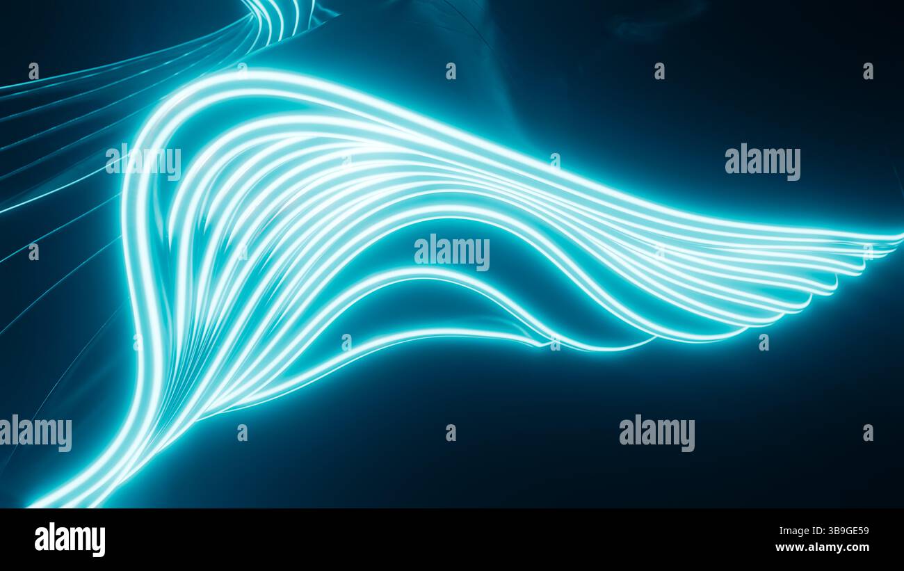 Eine lebendige Illustration leuchtender Neonlinien, die dynamische Kurven auf dunklem Hintergrund bilden. Das Zusammenspiel von Licht und Schatten schafft ein futuristisches und e Stockfoto