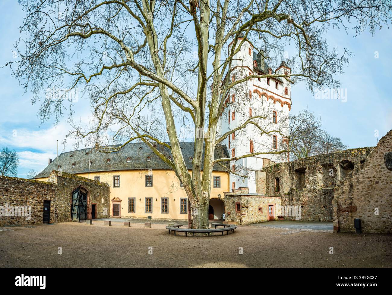 Innenhof der Kurburg Eltville, der Stadt der Rosen im Rheingau, Turmburg direkt am Rheinufer, beherbergt heute das Standesamt und das Gutenberg-Museum Stockfoto