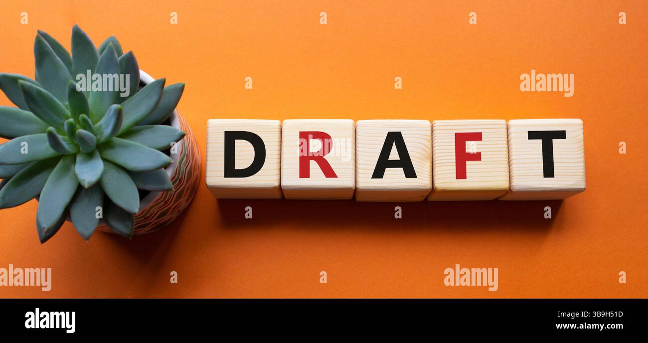 Auszugsschrägensymbol. Konzeptwort Entwurf auf Holzwürfeln. Schöner oranger Hintergrund mit saftiger Pflanze. Business- und Entwurfskonzept. Kopierbereich. Stockfoto