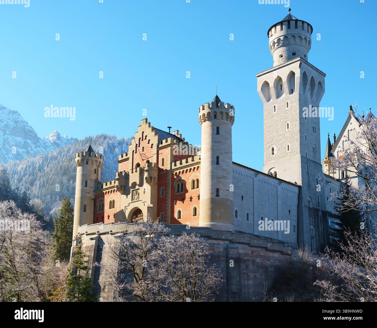 Schloss Neuschwanstein erhebt sich majestätisch vor einem klaren blauen Himmel in Bayern, Deutschland, umgeben von der Schönheit des Winters Stockfoto