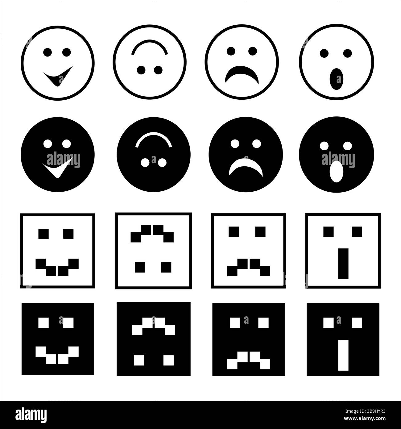 Schwarz-weiß-Emoji. Symbole für Ausdrucksflächen. Einfache emotionale Symbole. Minimale Designelemente. Stock Vektor