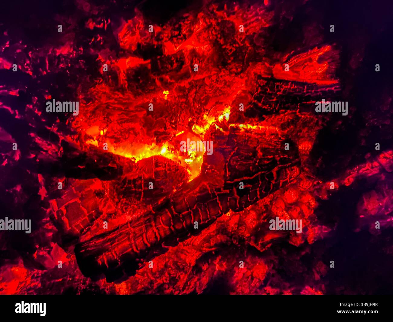 Glühende Baumstämme im Lagerfeuer Stockfoto
