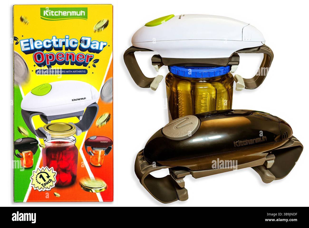 Kitchenmuh automatischer Glasöffner mit höherem Drehmoment. Geeignet für Senioren und Personen mit schwachen Händen, einschließlich solchen mit Arthritis. Zeigt zwei Modelle an. Stockfoto