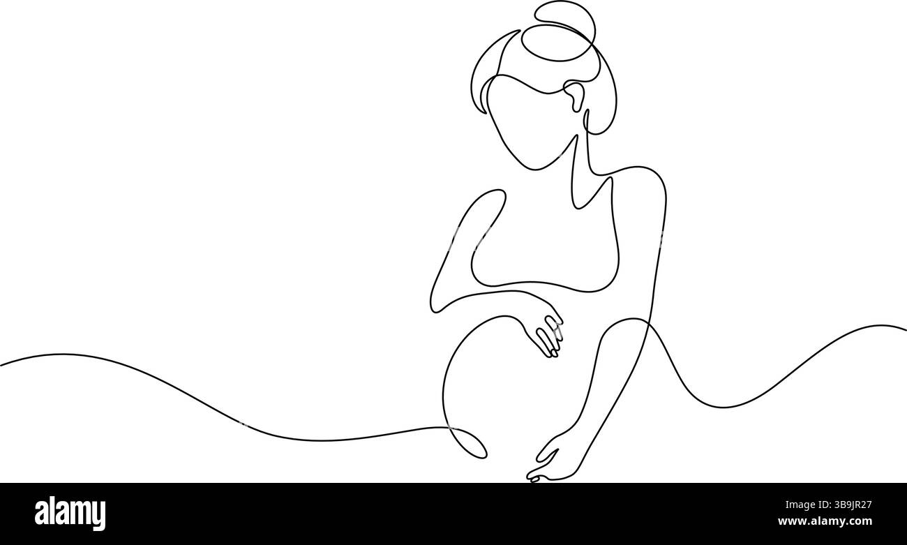 Schwangere Frau Haar Bundlinie Art kontinuierlich. Mutter berührende Bauch Hand gezeichnete dekorative Minimalismus Vektor-Illustration Stock Vektor