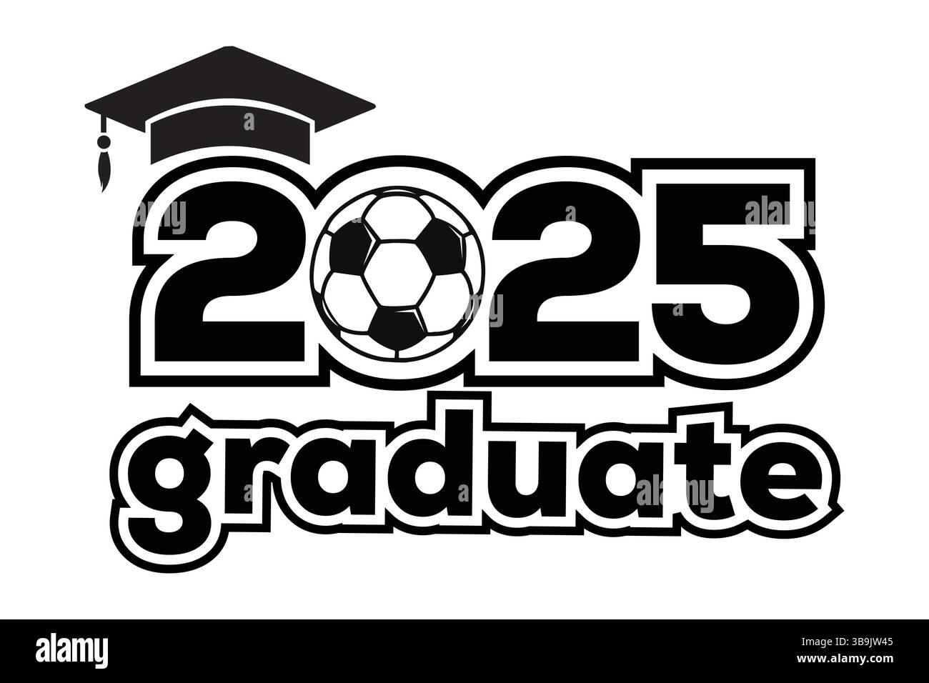 Klasse von 2025 Absolventen-Fußballkappe Fußball-Abschlussdesign Schwarz-weiß Stock Vektor