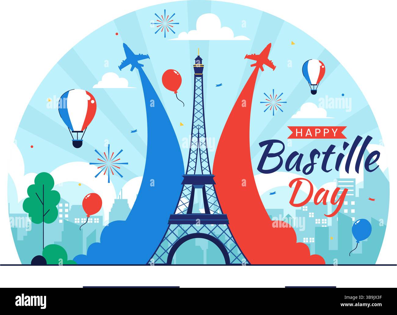 Happy Bastille Day Vektor Illustration am 14. Juli, mit der französischen Flagge, dem Ribbon und dem Eiffelturm in einem National Holiday Flat Hintergrund Stock Vektor