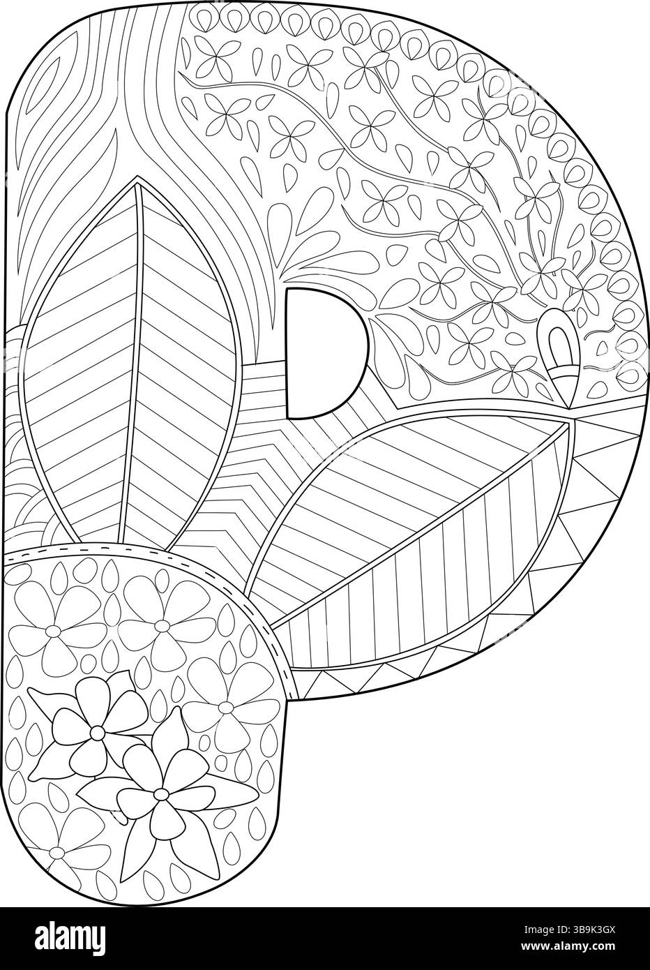Ein Großbuchstabe P gefüllt mit komplizierten Mustern von Blättern, Zweigen und Blumen, entworfen als schwarz-weiße Strichgrafik Illustration perfekt für Stock Vektor