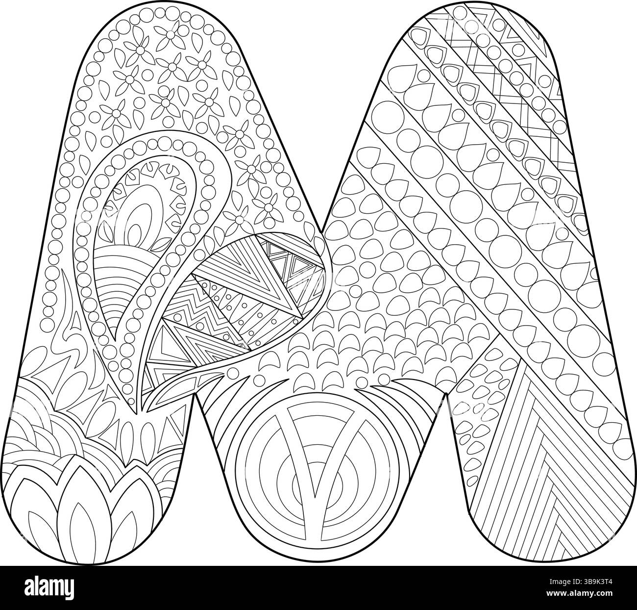 Eine schwarz-weiße Strichgrafik-Illustration des Großbuchstaben M, gefüllt mit komplizierten Mustern und abstrakten Designs, geeignet zum Färben für Erwachsene Stock Vektor