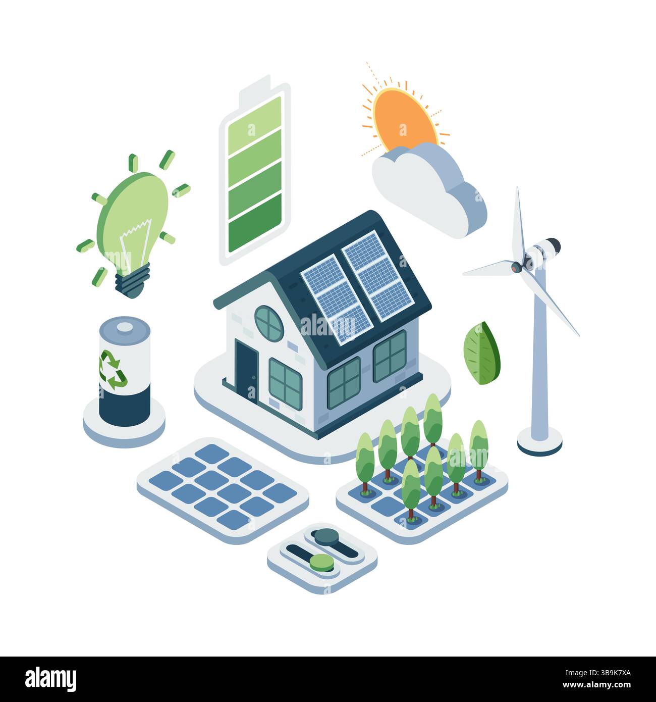 Isometrisches Energieersparungshaus mit Solarpaneelen, Windkraftanlagen und nachhaltiger Technologie Stock Vektor