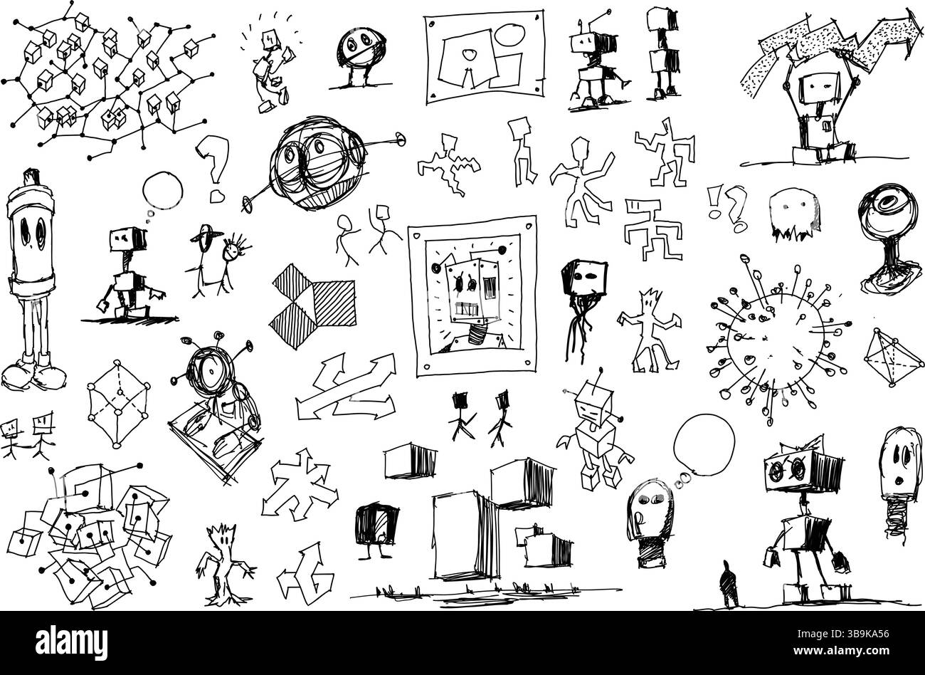 Handgezeichnete Architekturskizzen zu Themen der künstlichen Intelligenz und Robotern und Netzwerkstrukturen sowie Pfeil- und Geschäftsdiagramme Stock Vektor