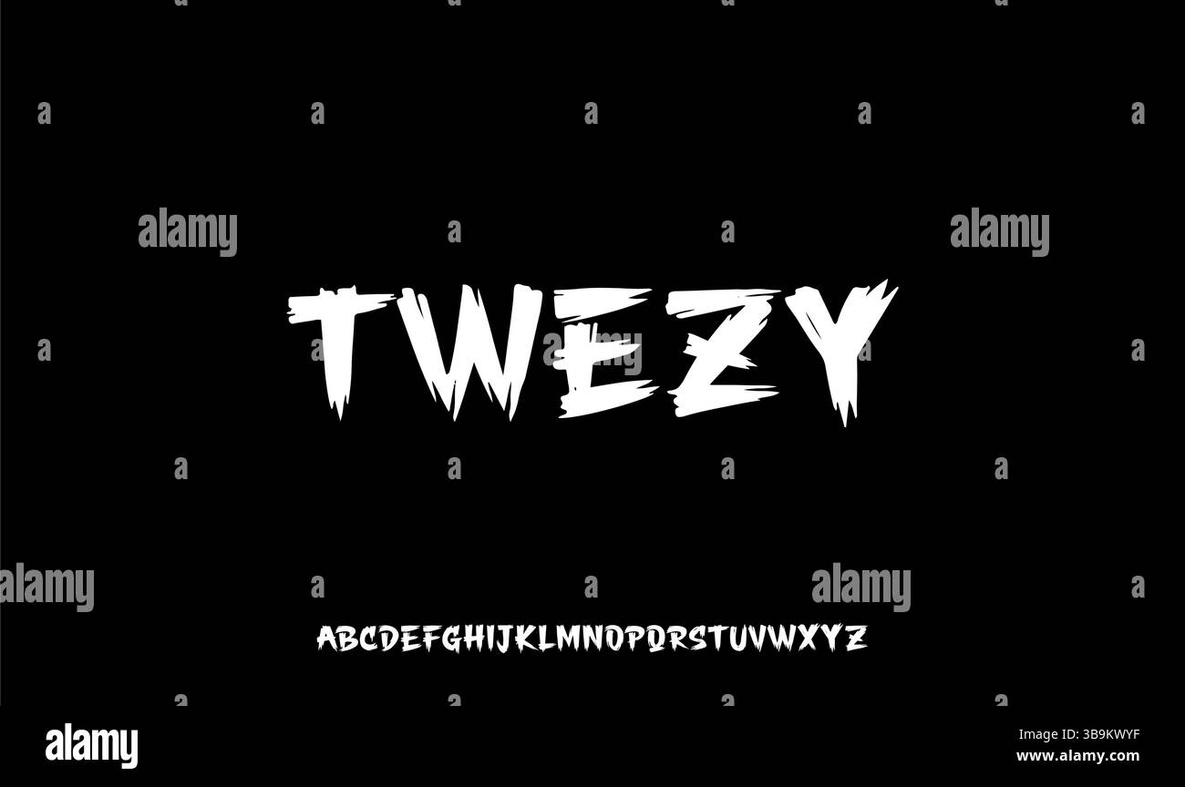 Twezy ist eine kühne, handgezeichnete Pinselschrift mit wildem und energischem Stil. Perfekt für urbane Designs, Musikposter, Streetwear-Branding und trendige Designs Stock Vektor