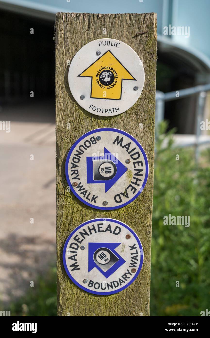 Fußpfadschilder für „Public Footpath“ und zwei für „Maidenhead Boundary Walk“ an einem Pfosten auf dem Themsepfad in der Nähe von Dorney. Stockfoto