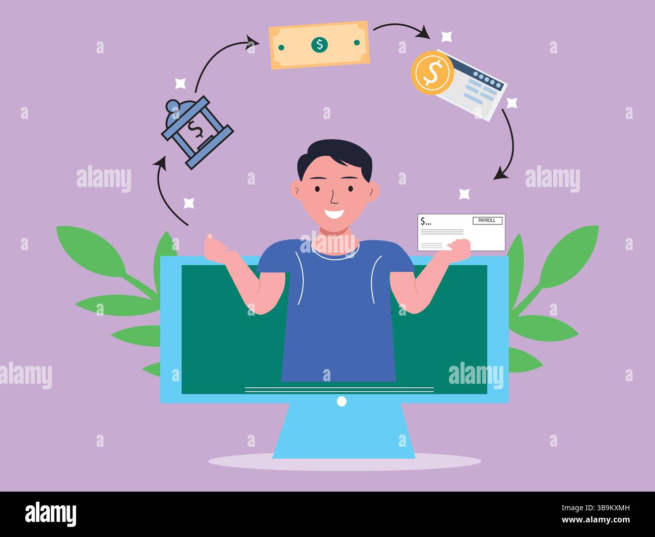 Flache Vektor-Illustration der Gehaltszahlung, Online-Gehaltsabrechnung auf Computerbildschirm und Taschenrechner Berechnung Flat Cartoon.Finanz- und Geschäftskonzept Stock Vektor