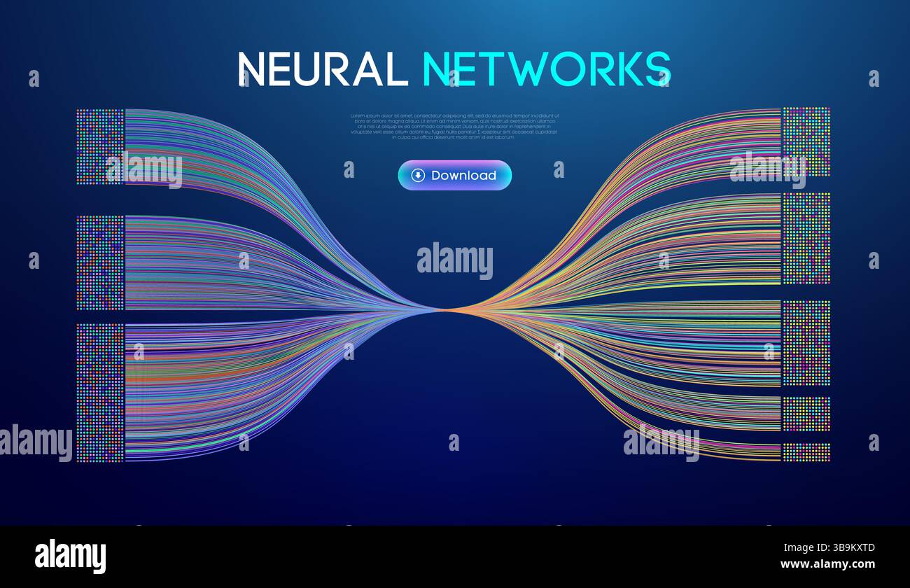 Abstrakte Visualisierung neuronaler Netzwerke mit bunten Datenströmen, digitalem Fluss und strukturierten Informationen auf dunklem Hintergrund, die künstlich darstellen Stock Vektor