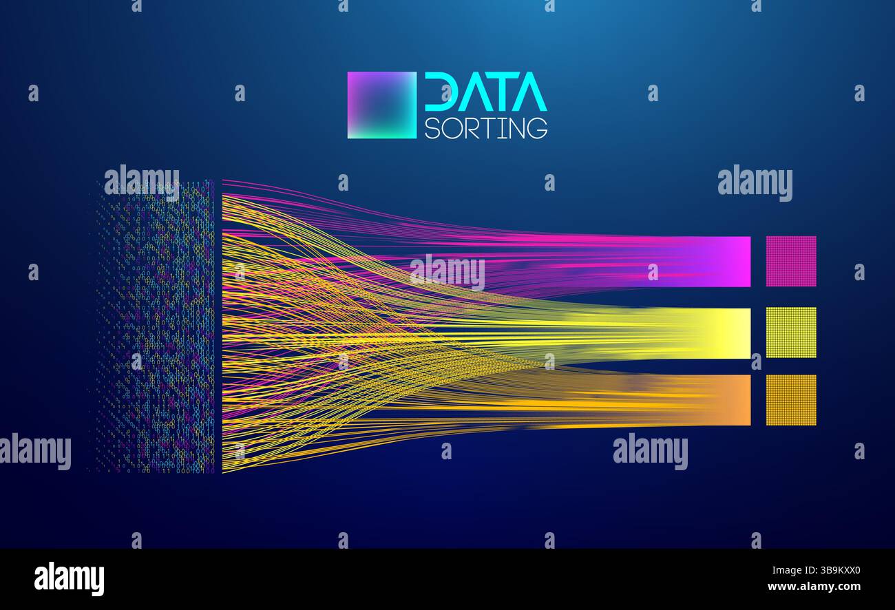 Abstrakte Visualisierung der Datensortierung mit bunten digitalen Streams, binärem Code und strukturiertem Datenfluss auf dunklem Hintergrund, die Big Data p darstellen Stock Vektor