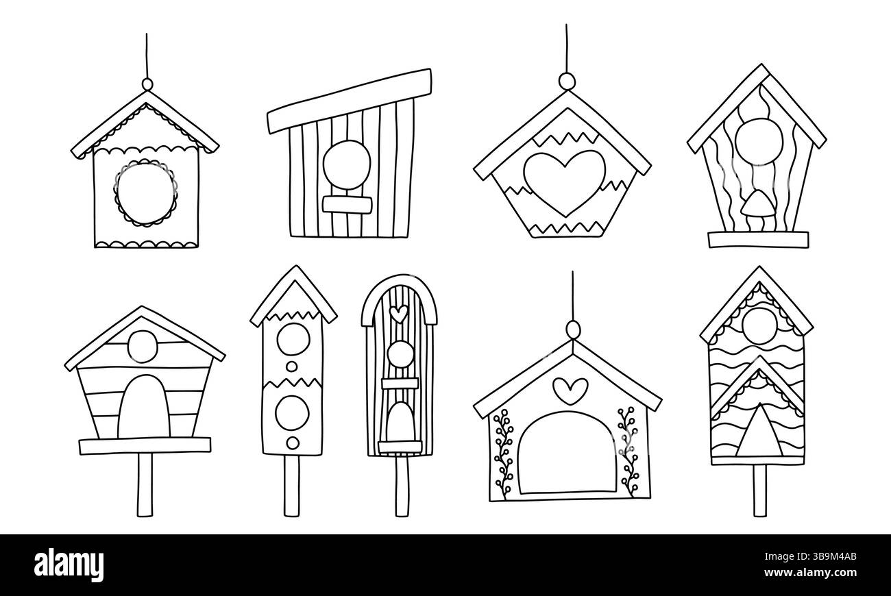 Bird Houses Doodle Vektor Set Stock Vektor