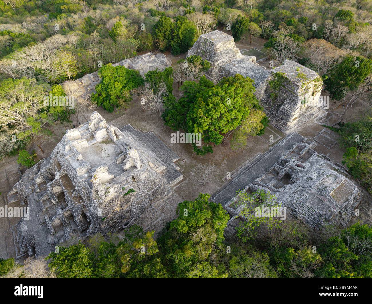 Luftaufnahme der östlichen plaza der Maya-Ruinen von Becan, Mexiko Stockfoto