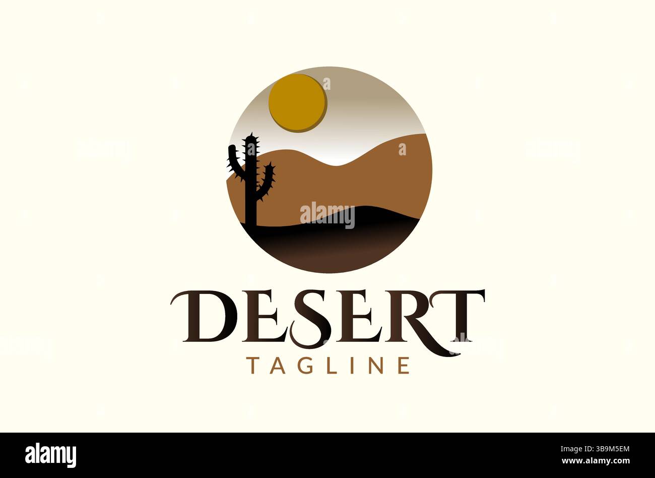 Desert Logo Design, arabisches Umweltlogo, sonniges Logo, Kaktusbaum ohne Wasser, Palme trockene Insel, afrikanische Wüste, Ägypten, Tunesien, Marokko Stock Vektor